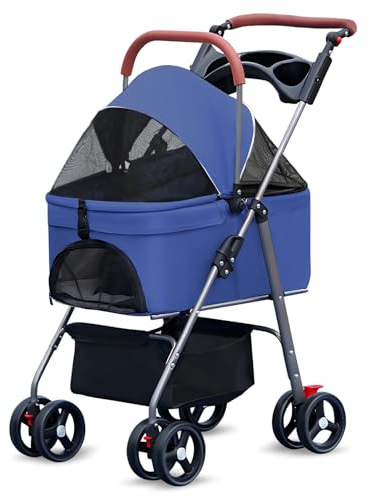 loyliawa 2 in 1 Haustier-Kinderwagen, zusammenklappbarer Hundebuggy mit 4 Rädern, Hunde/Katzen-Welpen-Kinderwagen mit Aufbewahrungskorb, Getränkehalter, wasserdichtes Pad, Sonnenschutz für kleine