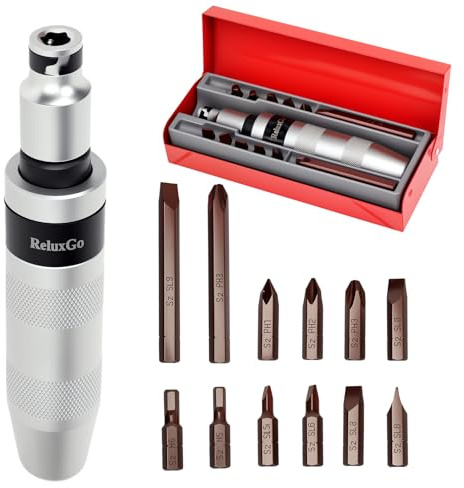 ReluxGo 1/2 Hand Manual Impact Driver, Manual Reversible Impact Hammer Screwdriver Set Includes 12-Piece Slotted, Phillips, Hexagonal Bit Set, for Removing Rusted Fasteners or Frozen Bolts