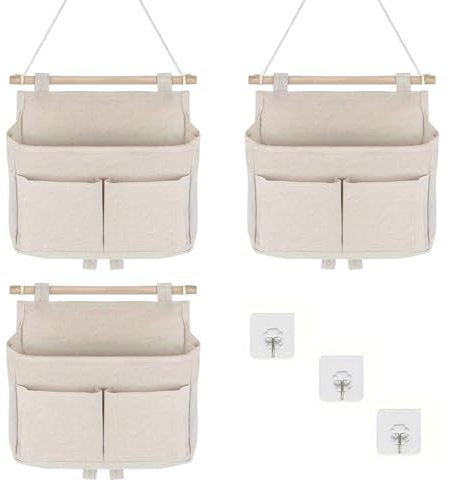 Dulynva 3 Pièces Sac de Rangement Suspendu, Sac De Rangement Mural Pliable, Poches de Rangement Murales pour la maison, le bureau, Beige