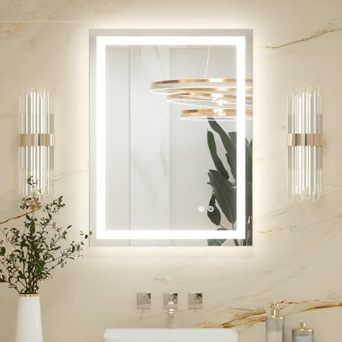 Keonjinn 60x80cm Bathroom Mirror with Led Lights, Antifog Vanity Mirror Back and Frontlit 3 Colour Dimmable Illuminated Wall Mounted Rectangle Mirrors