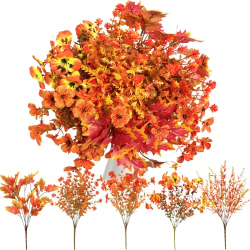 9 Bundles Autumn Artificial Flowers Faux Fall Realistic Flowers Bouquet | Indoor Outdoor Decorations like Real Flora Plastic Shrubs Plants Yellow Eucalyptus Table Decoration (Five Colors)