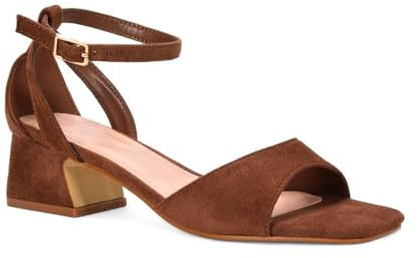ESSEX GLAM Women's Ankle Strap Block Low Heel Sandals Ladies Cut Out Square Toe Buckle Strappy Party Shoes Size 3-8