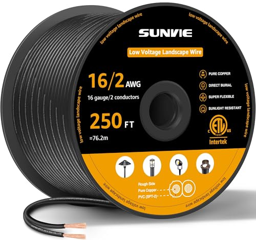 SUNVIE 16/2 Low Voltage Landscape Wire 250FT with Spool Outdoor Landscape Lighting Cable 16 Gauge 2 Conductors Low Voltage Wire for Landscaping Lights, ETL Listed, Pure Copper, Direct Burial