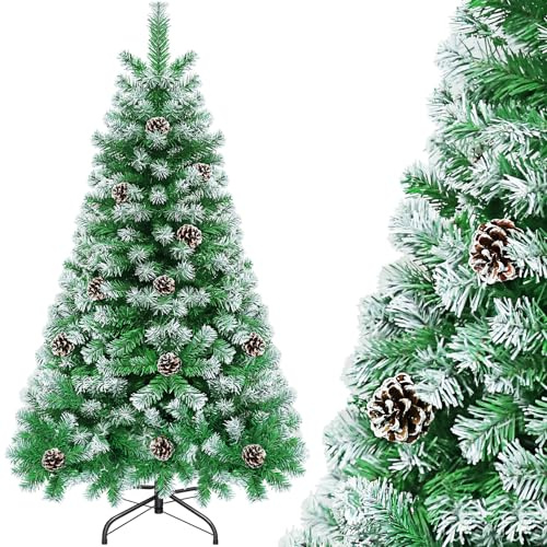 Sapin de Noel Artificiel 150 cm 500 Branches Enneigé Pomme de Pin Realiste, Arbre de Noel Artificiel avec Support Metal, Sapin Nordmann Artificiel Ignifuge Matériel PVC pour Decoration Noel Vert