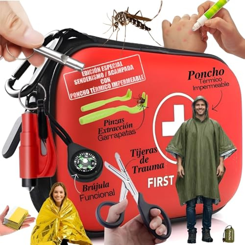 Botiquín de Primeros Auxilios Mochilania (96 Piezas) con Poncho Térmico Impermeable - Kit de Supervivencia Ligero (340g) para Senderismo, Trekking y Montaña - Estuche Impermeable con Tijeras de Trauma