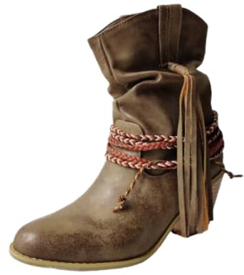 Botines Mujer Estilo Slouchy con Correas Trenzadas Y Borla Punta Redonda Tacón Bajo Grueso Parte Superior Cuero PU Duradero Slip On Zapatos Boho,Marrón,37 EU