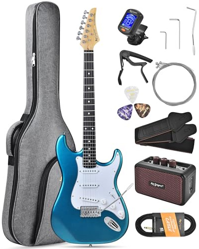 Leo Jaymz Beginner Electric Guitar 39” Kit with Portable Amplifier, Padded Gig Bag, Digital Tuner,Capo,Strap,Picks,Classic SSS Pickups(Blue-SSS)