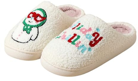 Generisch Acogedor par zapatillas de invierno forradas con forro polar con estampados festivos navideños, Blanco, 43 EU