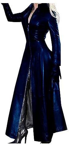 Läderkappa dam trenchcoat dam lång M-4XL, elegant slim fit PU-läderkappa lång jacka dam konstläderjacka med dragkedja Läderjacka Konstläder(Dark blue,3XL)