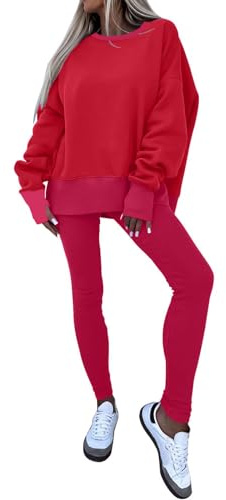 LIGSLN Tuta da donna casual a due pezzi con felpa oversize con foro per il pollice leggings e pantaloni abbinati. Set da salotto da donna, Rosso, L