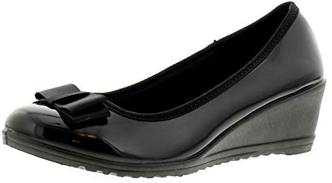 Platino Henrietta Women's Black Shoes - Comfortable Work Slip On, Ladies Slip-Ons with 5cm High Heel, Sleek Wedge Shoes with Ribbon, Perfect Platforms for Work Black Patent 6 UK