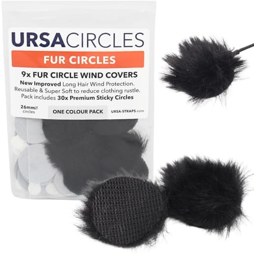 URSA Fur Circles - 9 Pack (Black) | Mini Lavalier Mic Windshields | Reduce Wind Noise & Clothing Rustle | 25mm Diameter Windscreen | Low-Profile, Soft, Reusable Fur Cover | Includes 30 Stickies