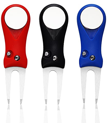 AMRTA Golf Divot Repair Tool with Magnetic Ball Marker Value 3 Pack, Golf Pitchfork Switchblade Foldable Metal Magnetic Pop-up Button for Golfer Outdoor (ABS Plastic Black Blue Red - 3 Pack)