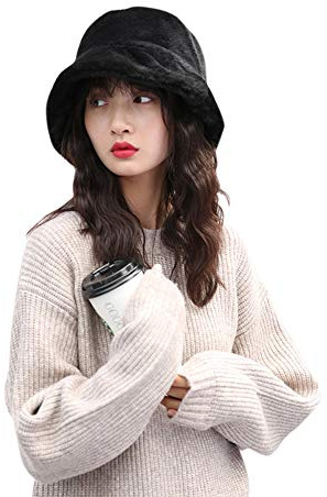 IBLUELOVER Women Faux Fur Bucket Hat Winter Fluffy Wide Brim Floppy Bush Hat Vintage Cloche Derby Hat for Girls Ladies
