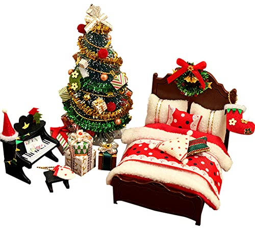 Miniatur Puppenhaus Zubehör Weihnachten,dänische Mini Harz Wichtel Zubehör DIY Handgefertigtes Modell DIY Weihnachtsmöbel Bett Weihnachtsbaum Klavier Miniatur Weihnachten Set (Selbst zusammenbauen)