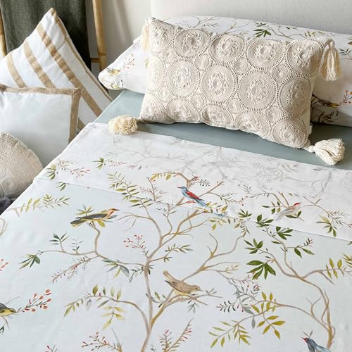 Juego de Sábanas 100% Algodón Sostenible – Estampado de Pájaros – 3 o 4 Piezas: Encimera, Bajera Ajustable y Funda de Almohada – Cama 90, 135, 150, 180 cm – Suaves y Transpirables (Cama 135)