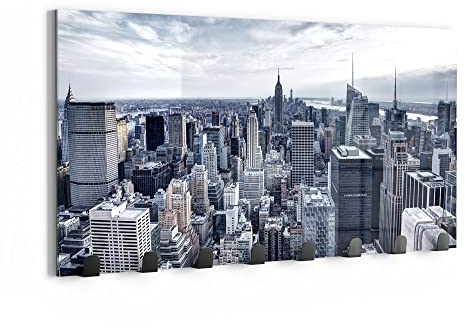 DEQORI - Appendiabiti da parete in vetro e metallo, motivo Blue Skyline New York, 60 x 30 cm, design moderno, pannello appendiabiti per corridoio, soggiorno e camera da letto, magnetico e scrivibile