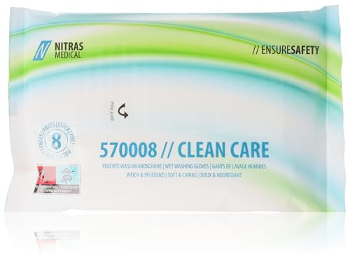 Nitras Clean Care Feuchte Einmal Waschhandschuhe mit Aloe Vera & Kamille für Gesicht, Körper, Hände - 8 besonders weiche & erwärmbare Tücher Größe 23 x 14 cm (24)