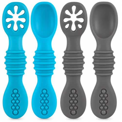 HOMYBABY® Cucchiaino Svezzamento - Cucchiaio Svezzamento Antibatterico per il BLW - Cucchiaino Silicone Neonato - 2 Cucchiai Ergonomici Neonati Dai 6 Mesi, 2 Fasi Dell'alimentazione
