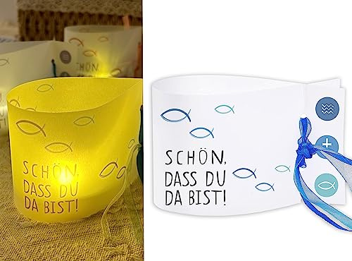 Sugeru® Vindljus fisk dekoration | 16 stycken mini bordslampor ljusdekoration som bordsdekoration för pojkar och flickor | nattvardskonfirmation dop värmeljus I Trevligt att du är där I ca 12,0 x 8,0 cm (blå)