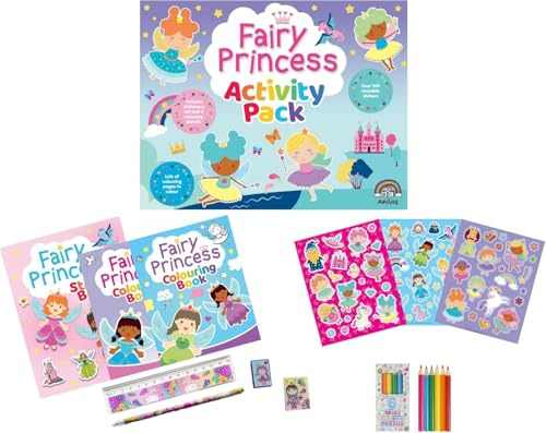 Anila's Fairy Princess Activity Pack with Colouring Books, Sticker book, Stationery Set, Colouring Pencils & 100 Reusable Stickers.(Perfect for children aged 3-8).