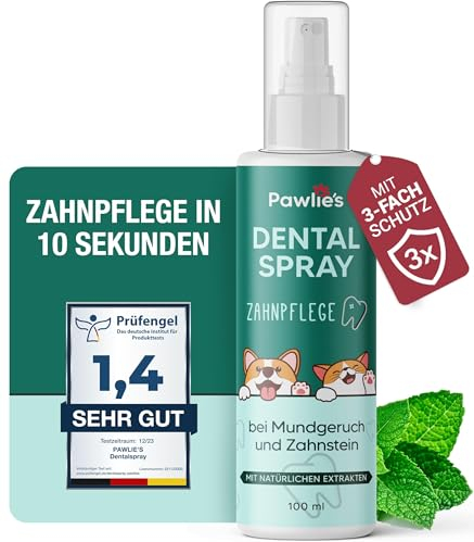 Pawlie’s Dentalspray für Hunde & Katzen [Jahresvorrat] – Zahnpﬂegespray gegen starken Mundgeruch & Zahnstein | Xylith-frei, zuckerfrei & geschmacksneutral | Sofort frischer Atem ohne Bürste