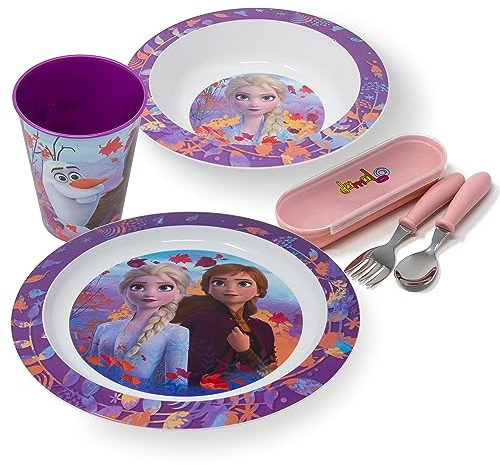 damaloo Geschirrset Lila mit Kinderbesteck passend für Frozen Fans - Anna und Elsa Geschirr Set für Kinder mit Besteck - Eiskönigin Kindergeschirr Mädchen - Wiederverwendbar & BPA frei