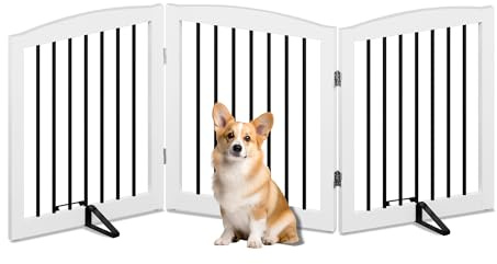 HOLTICO Dog Stair Gate, Stairgates for Dogs, Wooden Dogs Stopper Indoor, Baby Stair Gate, Dog Safety Folding Wooden Pet Gate for Doorways (24, White-3Panels)