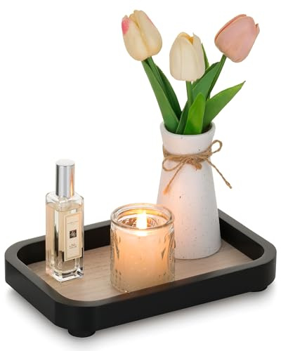 Hanobe Vassoio per profumo da bagno: comò decorativo nero per donne, supporto in legno rettangolare per decorazione domestica, espositore da banco piedistallo