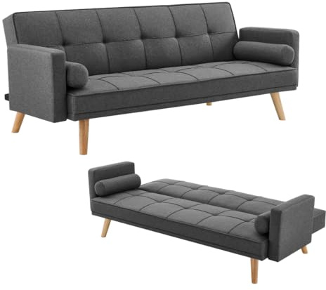 Home Detail Sarnia 3-Seater Sofa Bed, Charcoal Fabric | Double Folding Guest Bed, Settee with Bolster Cushions, Available in Grey, Charcoal or Mustard, Upholstered Fabric