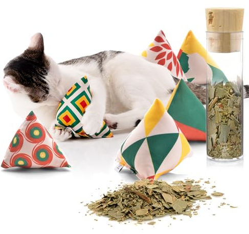 CanadianCat Company | Katzen Schmusekissen- & Spielkissen Pyramiden XL 6 Set Reggae Design, Katzenminze, nachfüllbare Katzen Pyramiden-Kissen, 6er Schmusekissen-Set