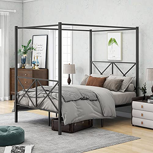 JELUTE Canopy Bed Frame Double Size with Metal Headboard and Footboard Modern Style Steel Bed Platform Heavy Duty Slats Bed, Black