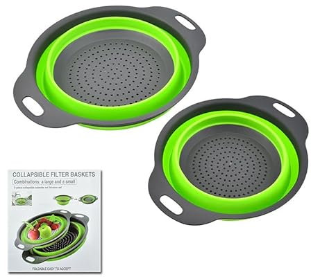 SANHIGHEND 2 Stück Faltbares Sieb,Silikon Abtropfsieb Seiher Set Für Nudeln,Obst,Gemüse,Umweltfreundlich, Leicht zu Reinigen,Platzsparend (Grün)