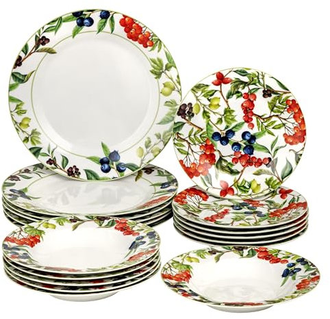 Servizio di Piatti da 18 pezzi in Porcellana, Servito da Tavolo Colorato per 6 Persone, Piatto Fondo, Piano, da Frutta o Dolce, Fantasia Bacche