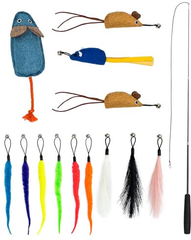 lionto Katzenspielzeug 14-teiliges Set inkl. Teleskopangel, 12 Anhänger mit Glöckchen und Plüschmaus, Katzenangel mit gepolstertem Griff, Katzenminze und Baldrian befüllte Spielmäuse