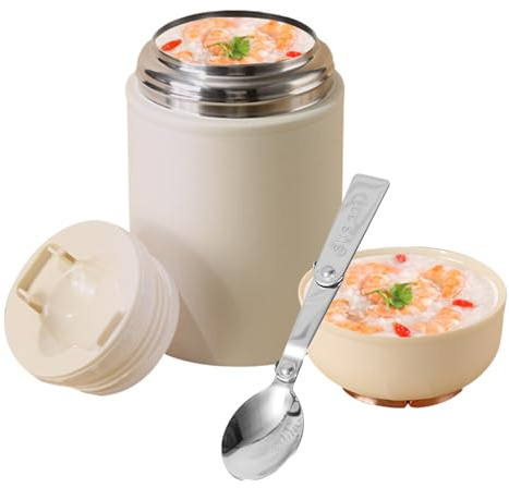 AUTUUCKEE 500ml Food Flask, Stainless Steel Vacuum Double Walled Insulated Food Jars with Folding Spoon, Soup Thermal Lunch Box for Hot Food Container School Work, Dishwasher Safe(off-white)