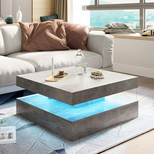 KEEPREAPER Grey Square Coffee Table for Living Room, Modern Coffee Tables with Storage, LED Light Coffee Table 2-Tier Square Middle Center Table,Contemporary Wood Tea Tables for Dining 