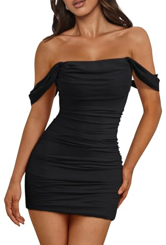 Trendy Queen Womens Off The Shoulder Bodycon Mini Dresses Summer Spring 2026 Homecoming Graduation Party Cocktail Club Sexy Going Out Ruched Mesh Short Dress Birthday Hoco Outfits Clothes Little Black