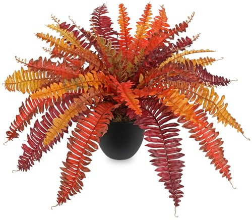 Hollyone 24.8'' Orange Artificial Boston Fern, Fake Potted Plant Autumn Decorations for Home Decor, Faux Fern Bushes in Pot for Table, Shelf, Living Room, Thanksgiving, Harvest, Fall Decorations