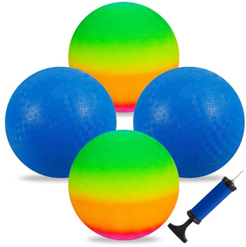 EOGRFW 4 Stück Bouncy Kickball, PVC Regenbogen Ball,Kinder Spielball, Strandball mit Pumpe, Mehrfabig Regenbogen Ball für Drinnen Draußen Backyard Park und Beach(22cm)