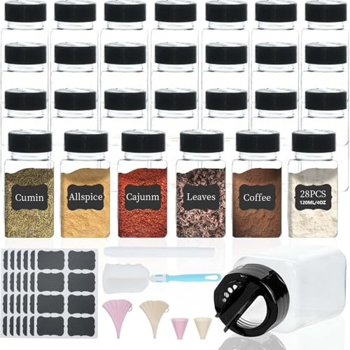 MOAMUN 28 Pot a Epices à Double Ouverture, 130Ml Pot Epices en Plastique avec Étiquettes, Stylo, Entonnoir et Pinceau, Bocaux à Épices Carrés Transparents pour Le Stockage d'Épices d'Herbes De Poudres