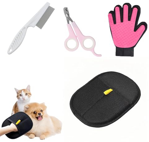 DtgEcd 4 Pieces Pet Hair Removal Glove Set, Grooming Gloves with Needle Comb and Scissors, Electrostatic Pet Hair Remover for Cats Dogs Furniture Car Seats, Pink and Black Gloves