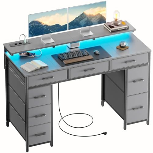 HLONONE Schreibtisch mit 8 Schubladen, Computertisch mit 2 Steckdosen und 2 USB Ladeanschluss, Bürotisch mit LED und Monitorständer, PC Tisch für Büro, Wohnzimmer, 120 x 50 x 74 cm, Grau