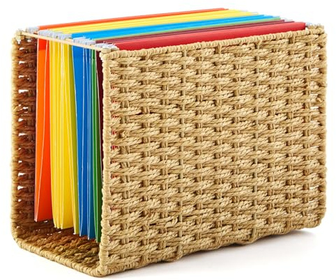 Jingmore Paper Rope Hanging File Basket with Handle 12 x 10 x 6.3 Inch Decorative File Folder Organizer Letter Size Woven Box Organizers Portable Document Storage Box for Office Decor(1 Pcs,Brown)
