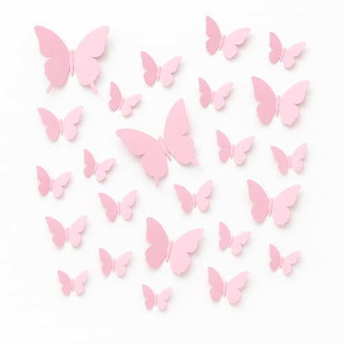 Pink Butterfly Wall Decals, 24PCS 3D Butterflies Decor with Strong Adhesive for Girls Room, Kids Bedroom, Party, No Residue Easy to Apply