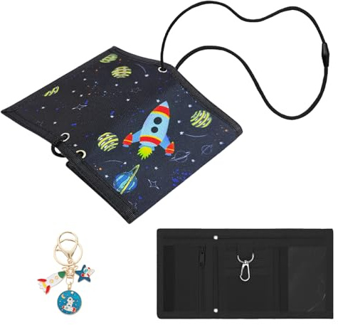 Aucuu Kids Wallet, Cartoon Waterproof Wallet, Trifold Wallets with Card Slots Lanyard and Keychain, Travel Document Wallets for Teenagers Boys Girls for School, Travel, Birthday Gifts (Space)