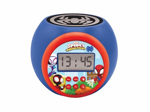 Lexibook - Marvel Spidey et Ses Amis extraordinaires - Réveil projecteur avec Fonction Alarme et répétition Snooze, veilleuse avec minuterie, écran LCD, à Piles, Bleu/Rouge, RL977SP1LXB