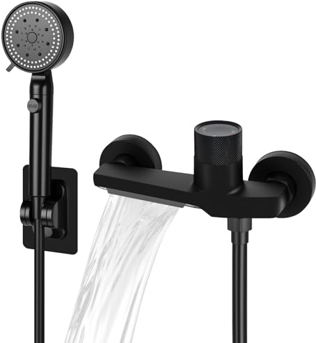 CTDMJ Grifo de bañera con ducha de mano, grifo de cascada para bañera, accesorios para bañera con ducha, manguera de PVC de 1.5m y soporte de pared, mezclador de ducha con 5 funciones, grifo de bañera