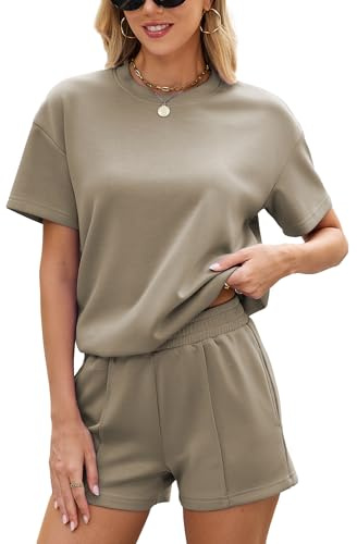 Famulily Ladies Lounge Wear Sets UK Crew Neck 2 Piece Outfits Travel Tracksuits Oversized Tshirts High Waisted Shorts with Pockets (S, Coffee)