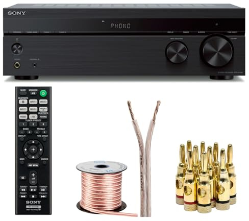 Sony STRDH190 2-ch Stereo Receiver with Phono Inputs and Bluetooth Bundle with 100ft of Speaker Wire and 5 Pairs of Banana Plugs (3 Items)